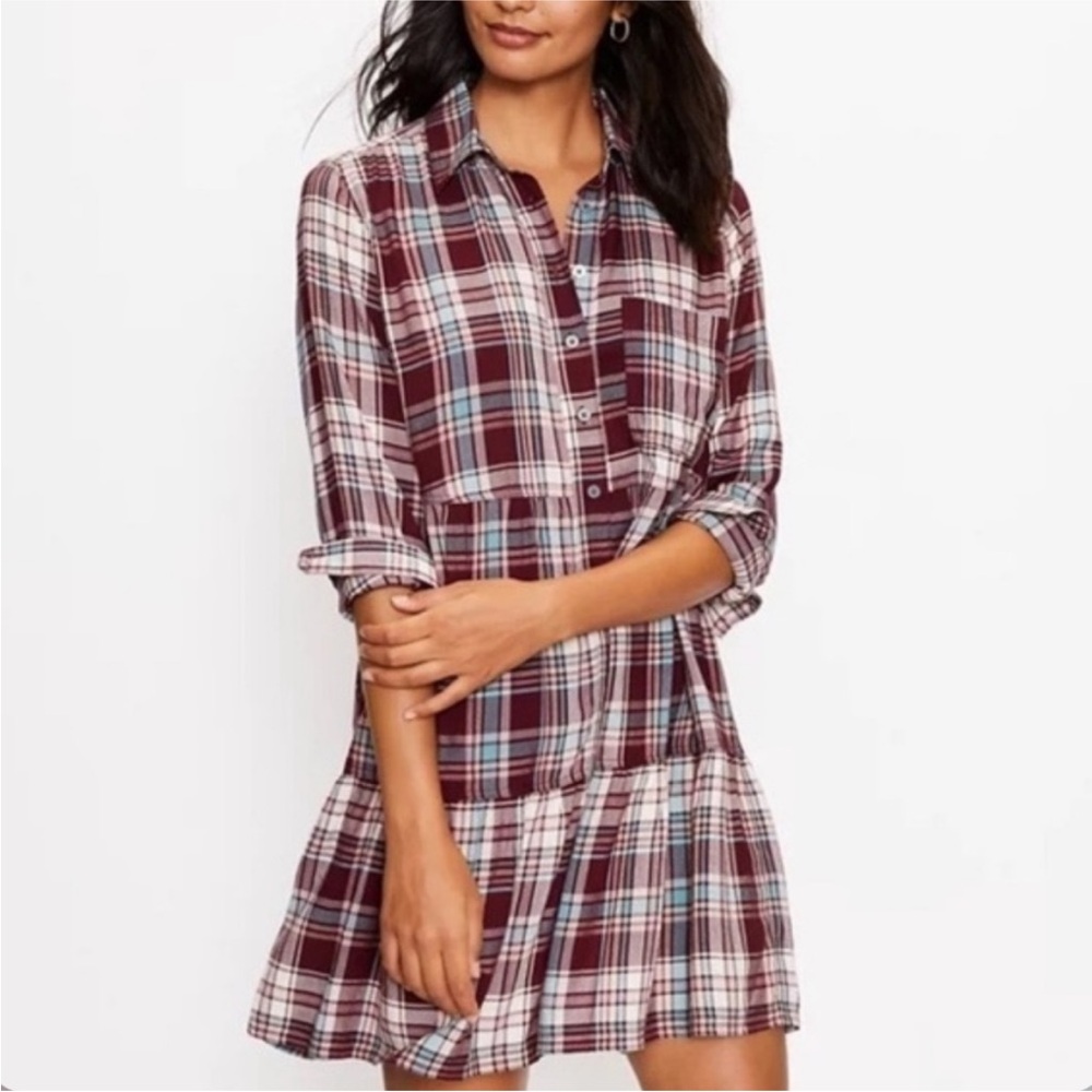 LOFT Burgundy and Blue Plaid Top